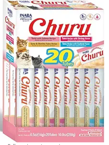 INABA Churu Cat Treats, Grain-Free, Lickable, Squeezable Creamy Purée Cat Treat/Topper with Vitamin E & Taurine, 0.5 Ounces Each Tube, 20 Tubes, Seafood Variety Box